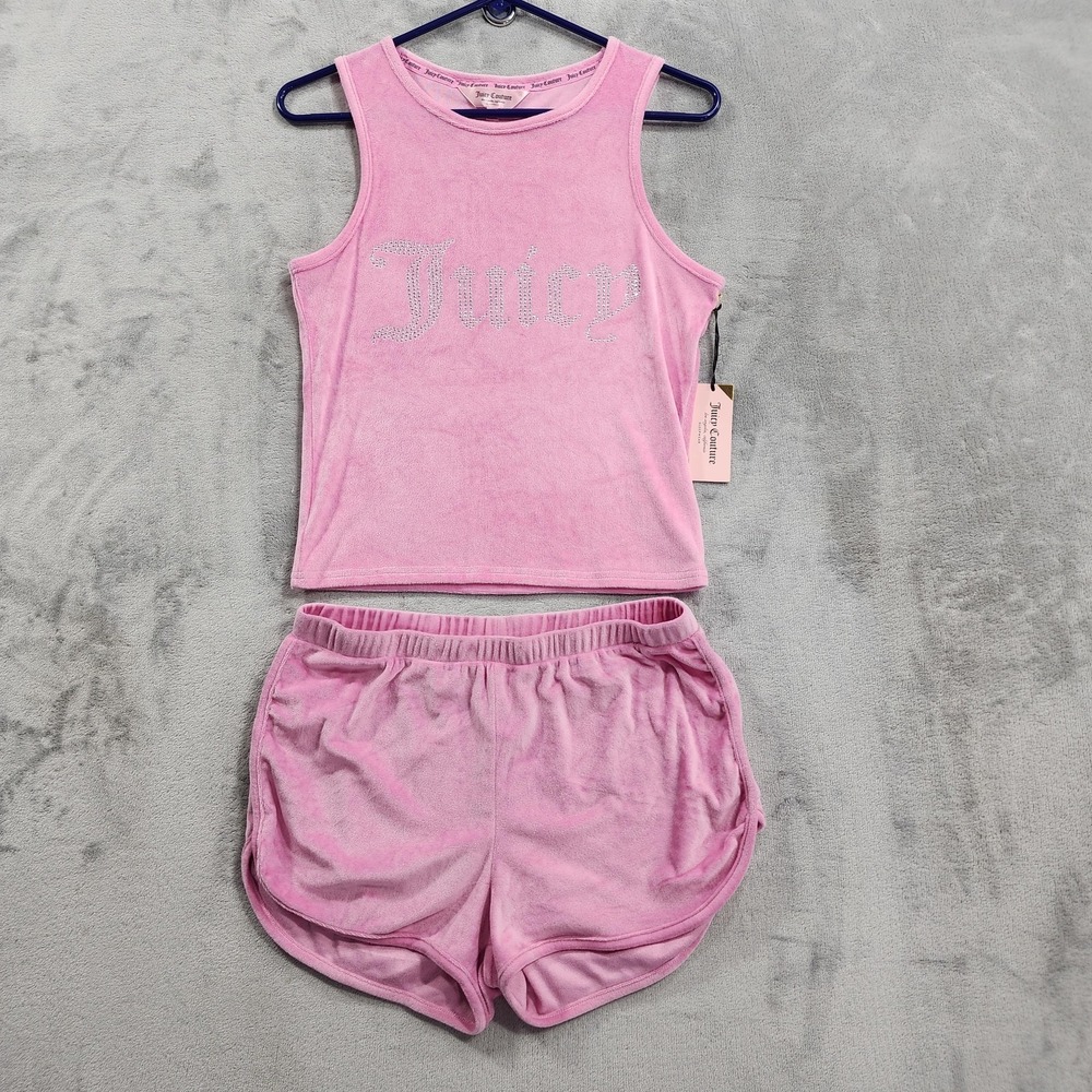 NEW Juicy Couture Pajama Set Womens L Pink Velour Rhinestone Logo Shorts Lounge